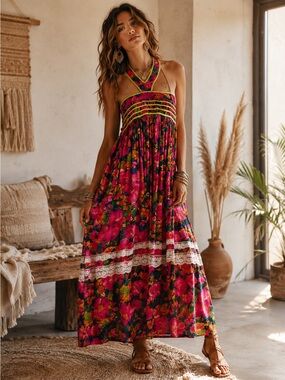 Handmade vintage psychedelic Dayglow floral bark cloth halter dress midi S/M